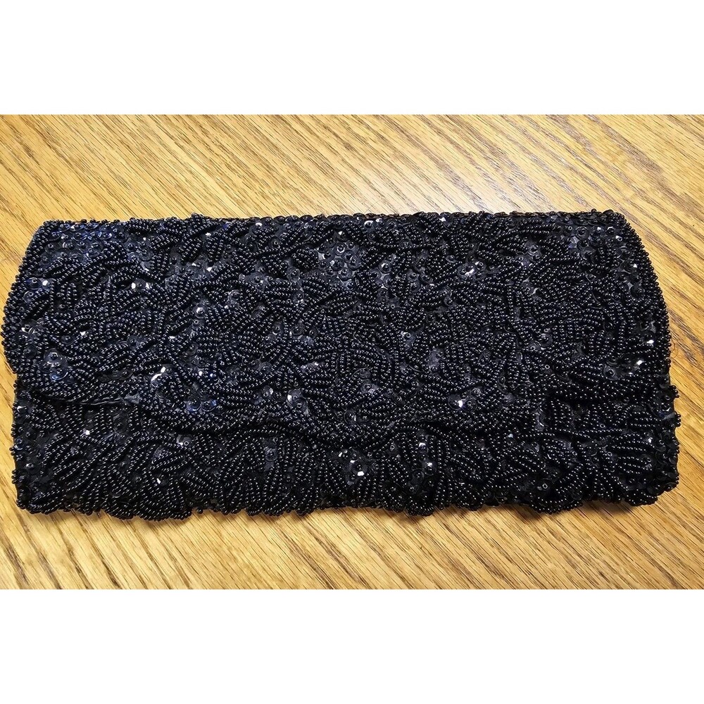 Black Beaded Clutch Purse Snap Closure Interior Pocket Floral Handmade Hong Kong